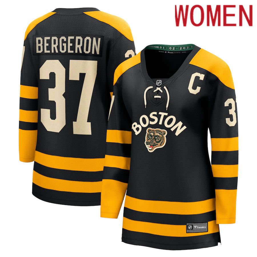 Women Boston Bruins #37 Patrice Bergeron Fanatics Branded Black 2023 Winter Classic Player NHL Jersey->women nhl jersey->Women Jersey